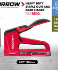 No Nonsense Heavy Duty Manual 2 In 1 Staple Gun And Brad Nailer For Upholstery Framing Insulation Woodworking Crafts Furniture Repair, red color, ergonomic design, dimensions shown.