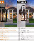 Comparison of two wall lanterns in rain, highlighting features of Two Pack Dusk To Dawn Outdoor Wall Lanterns With Photocell Sensor Exterior Porch And Garage Lights In Vintage Matte Black Weatherproof Sconce Lighting For Your Home Entry Must Have Pathway And Backyard on left