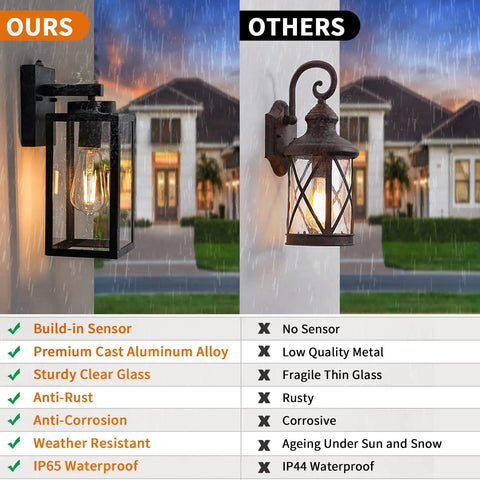 Comparison of two wall lanterns in rain, highlighting features of Two Pack Dusk To Dawn Outdoor Wall Lanterns With Photocell Sensor Exterior Porch And Garage Lights In Vintage Matte Black Weatherproof Sconce Lighting For Your Home Entry Must Have Pathway And Backyard on left