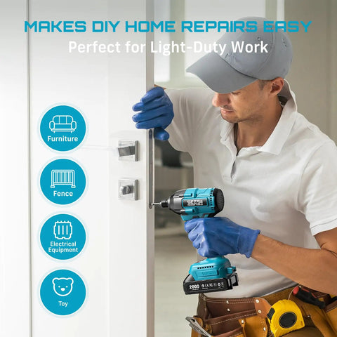 Man using Cordless Impact Driver Kit With 21V Max Torque 1590 In-Lbs And 0-2500 RPM on door, wearing gloves and tool belt