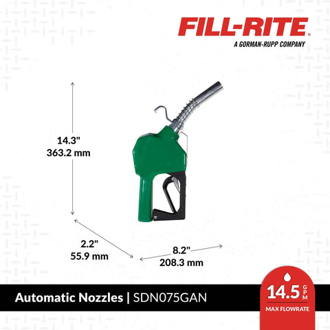 Automatic Fuel Transfer Nozzle 3/4 Inch Beefy Rugged Aluminum Build For Gasoline Diesel Biodiesel Up To B20 E15 Kerosene 3 To 15 GPM Green Finish Easy Fill Auto Shutoff Standard Duty With Spring, green nozzle dimensions shown.