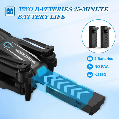 1080P HD Camera Mini Drone for Beginners and Adults with two batteries showing 25-minute battery life feature