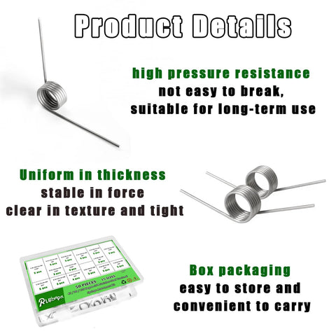 Ruibapa 50-piece stainless steel torsion springs assortment kit with 15 sizes in storage case