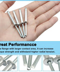 120 Pcs 3/16 X 1-1/4 Inch Aluminum Large Flange Blind Rivets Assortment Kit For Secure Fastening In Metalwork And DIY Projects Rust Resistant Heavy Duty Marine Grade Quality shown in hand with detailed views of rivet heads and tips.