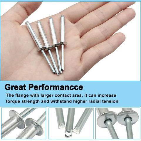 120 Pcs 3/16 X 1-1/4 Inch Aluminum Large Flange Blind Rivets Assortment Kit For Secure Fastening In Metalwork And DIY Projects Rust Resistant Heavy Duty Marine Grade Quality shown in hand with detailed views of rivet heads and tips.