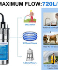 Infographic of ECO-WORTHY 12V DC Solar Well Pump Kit With 200W Panel Included, showing maximum flow and uses.