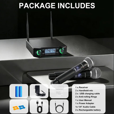 2.4GHz AI Auto Scan Wireless Microphone System Pro Set with receiver and accessories displayed