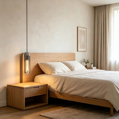 PRTSER 11.8" Modern Pendant Light Fixture with Smoke Gray Crystal Lampshade, hanging above a cozy bedroom beside a nightstand.