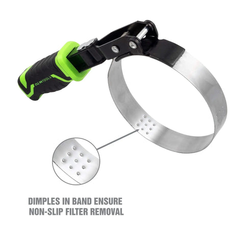 Swivel Oil Filter Wrench For 4-3/4 To 5-3/4 Inch Filters with Dimpled Steel Band Grippers and Padded TPR Handle