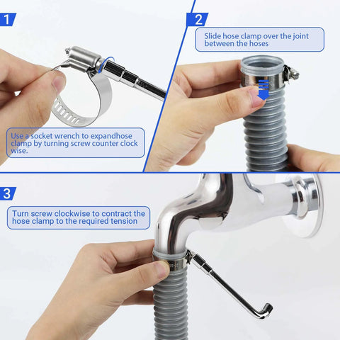 85-piece 304 stainless steel hose clamps set, adjustable 1/4–2 in, with socket wrench; installed on a faucet hose.