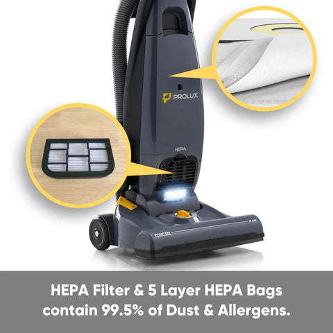 Prolux Phantom Pro Commercial Upright Vacuum With HEPA Filtration And Bagged Design Offering High Suction Power For Deep Cleaning. This Lightweight 12Lb Beast Is Perfect For Business And Professional Use, Featuring Onboard Tools And Easy Handling For