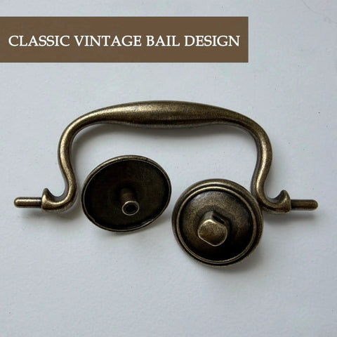 Vintage Bail Drawer Pull Set 4 Pack Antique Brass Cabinet Handles 3.75 Inch Center To Center For Dresser Cupboard Wardrobe And Kitchen Cabinets Classic Drop Design, showing antique brass finish.
