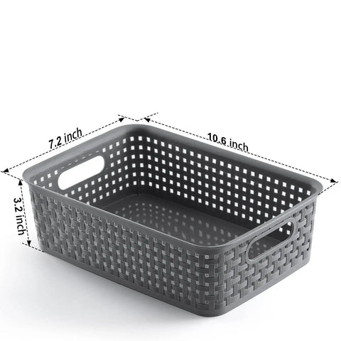 Durable Gray Plastic Storage Baskets 8 Pack With Ventilated Design, 10.6x7.2x3.2 inches, shown with woven texture.
