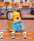 20V Max battery compatible with DeWalt showing a cordless bench grinder with dual grit discs and a safety guard.