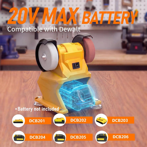 20V Max battery compatible with DeWalt showing a cordless bench grinder with dual grit discs and a safety guard.