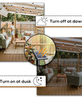 48 Foot Solar String Lights Outdoor USB Rechargeable Waterproof Shatterproof Bulbs Hanging Lights For Backyard Porch Garden Cafe Camping Party And Patio Vibe Decor shown on a patio, auto on feature at dusk and off at dawn.