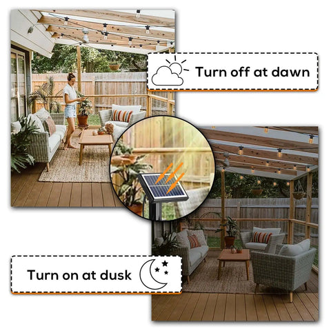 48 Foot Solar String Lights Outdoor USB Rechargeable Waterproof Shatterproof Bulbs Hanging Lights For Backyard Porch Garden Cafe Camping Party And Patio Vibe Decor shown on a patio, auto on feature at dusk and off at dawn.