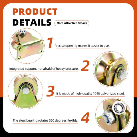 Product details showing Heavy Duty 2 Inch V Groove Wheels With Bracket Set Four Pack For Sliding Gates And Mechanical Equipment Made From 1045 Steel Durable Rust Resistant Rollers And Bearings.