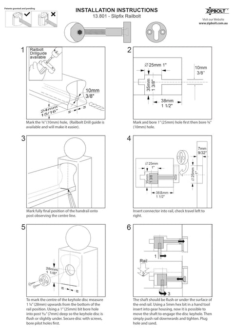 Installation instructions for Slipfix Railbolt Handrail Post To Post Fastening System For Stairs, durable and easy setup.