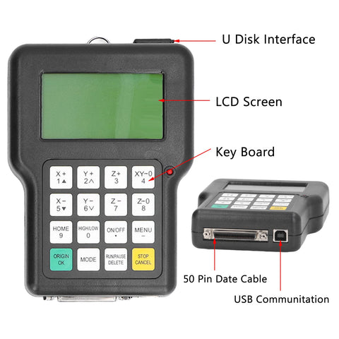 Standalone CNC Controller for 3 Axes With DSP Remote Hand Controller showing LCD screen, keyboard, U-Disk interface, and cable port.