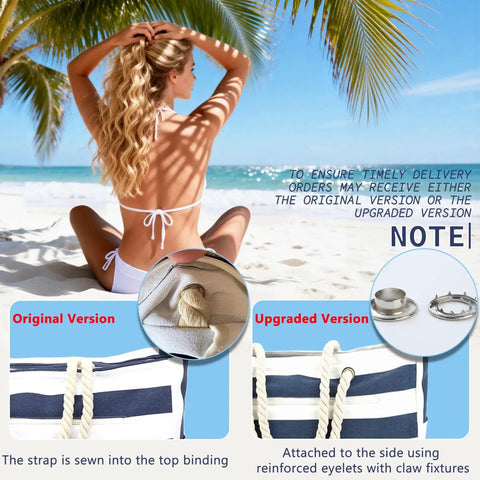 Waterproof Sandproof Large Canvas Beach Tote for Women with Zippered Wet Pocket shown in original and upgraded versions.