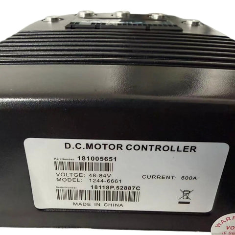 Heavy Duty Motor Speed Controller 12446661 showing label details, compact design for utility vehicles, 600A current.