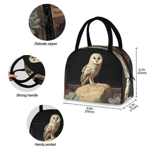 Owl Desert Landscape Insulated Lunch Bag with durable 300D exterior, strong handle, and zipper, 9.8x6.7x8.7 inches for men and women