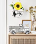 Vintage White Farmhouse Truck With 12 Magnetic Sunflower Magnets, Interchangeable Seasonal Metal Pickup Planter on a shelf.