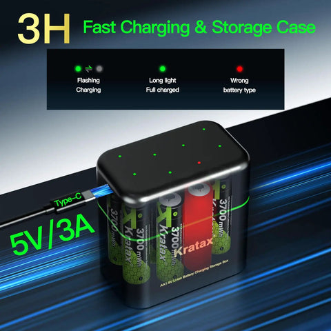 Top Shelf AA Rechargeable Lithium Batteries 3700Mah 8 Pack With Rapid Dock Charging Case showing fast charging case with indicator lights.