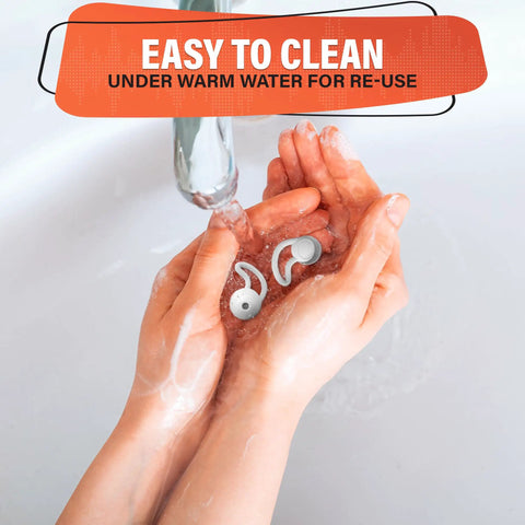 Hands washing reusable sleep ear plugs with 40 dB noise reduction for sleeping, premium silicone earplugs for flying, focus time and quiet moments, durable and comfy, great for musicians and restful nights.
