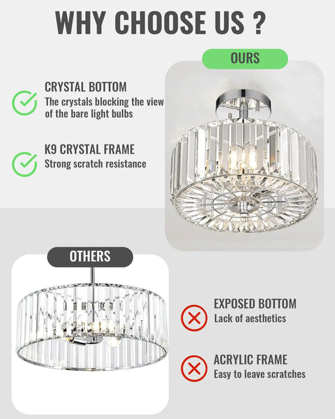 Comparison of gold finish 11.88 inch semi flush mount crystal ceiling light with K9 crystals versus other with acrylic frame.