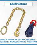 2 Ton Snatch Block With 2 Ft G70 Chain For Flatbed Tow And Recovery, Beefy Heavy Duty Tow Block With A 3 Inch Sheave