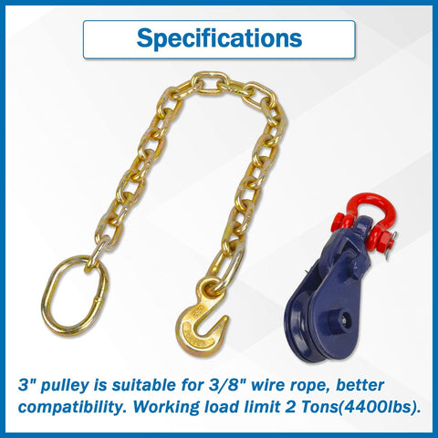 2 Ton Snatch Block With 2 Ft G70 Chain For Flatbed Tow And Recovery, Beefy Heavy Duty Tow Block With A 3 Inch Sheave