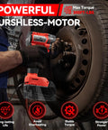 Beast Mode Cordless Impact Wrench 1/2 Inch Brushless Motor Delivers Serious 200 Ft Lbs Torque Four Drive Settings Built In Led Lamp Auto Stop Function No Hassle Garage Gear For Cars Trucks And Lawn Mowers Works With 18v Batteries used for removing lug nuts on a vehicle tire.