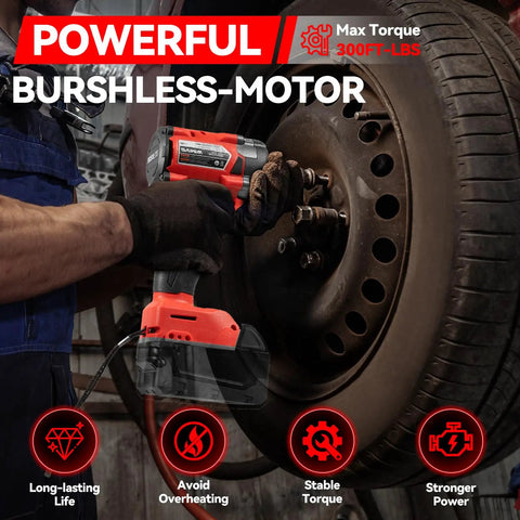Beast Mode Cordless Impact Wrench 1/2 Inch Brushless Motor Delivers Serious 200 Ft Lbs Torque Four Drive Settings Built In Led Lamp Auto Stop Function No Hassle Garage Gear For Cars Trucks And Lawn Mowers Works With 18v Batteries used for removing lug nuts on a vehicle tire.