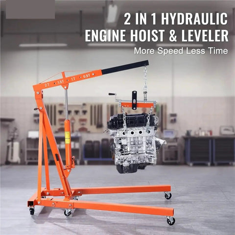 Heavy Duty Hydraulic Engine Hoist And Two Ton 4400 Lbs Cherry Picker Shop Crane lifting a car engine in a garage setting.