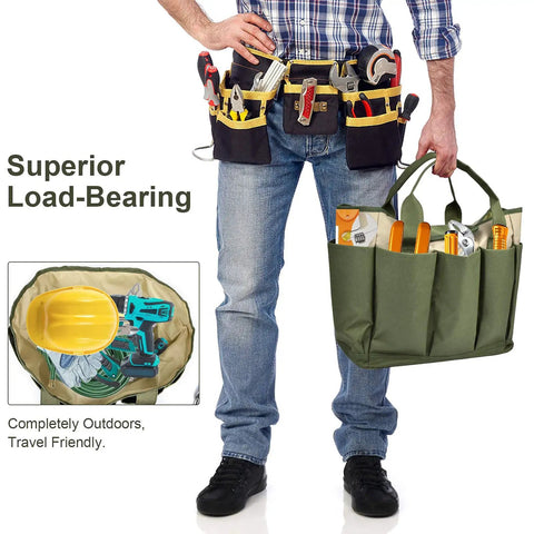Man holding Heavy Duty Canvas Garden Tool Bag with eight pockets, showcasing tools and gear for indoor outdoor gardening and yard work.