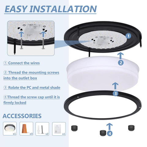 Exploded view of Black Flush Mount Ceiling Light 13 Inch 30W Dimmable LED showing easy installation process and accessories.