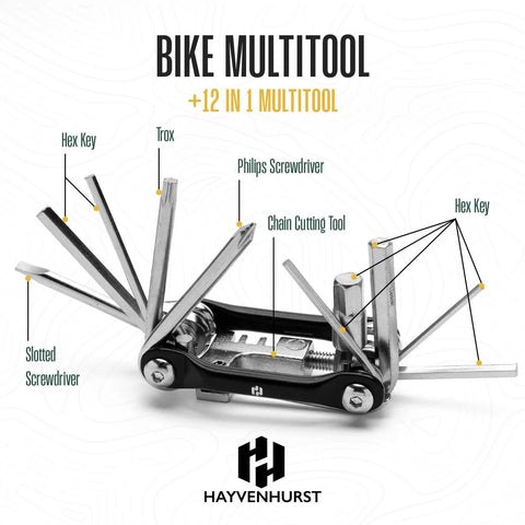12 In 1 Bike Multitool Kit Lightweight Stainless Steel Bicycle Tool with hex key, screwdriver, chain breaker, and spoke wrenches.
