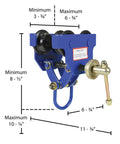 Heavy-Duty Steel Quick Install Manual Trolley, 1000 Lb Capacity, 6.75 In Headroom, blue, side view with measurements