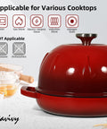 5 Quart Cast Iron Dutch Oven For Sourdough Baking With Domed Enamel Lid Round Bread Oven In Cherry Red Includes Silicone Bread Sling Perfect For Crusty Boules And Artisan Loaves displayed with cooking icons