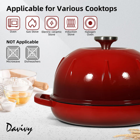 5 Quart Cast Iron Dutch Oven For Sourdough Baking With Domed Enamel Lid Round Bread Oven In Cherry Red Includes Silicone Bread Sling Perfect For Crusty Boules And Artisan Loaves displayed with cooking icons