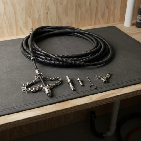 Heavy Duty Flexible Chain Knocker Drain Snake Auger With Solid Steel Core, 16mm shaft and accessories on a workbench.
