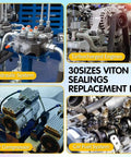 Hydraulic, turbocharged engines, air compressor, and car fuel system layout promoting Viton O Ring Kit With 396 Pieces And 30 Sizes Metric O Rings Assortment 75A Durometer FKM Sealing Kit For Hydraulic Automotive Engine And Plumbing Repair Pro Grade Heavy Duty.