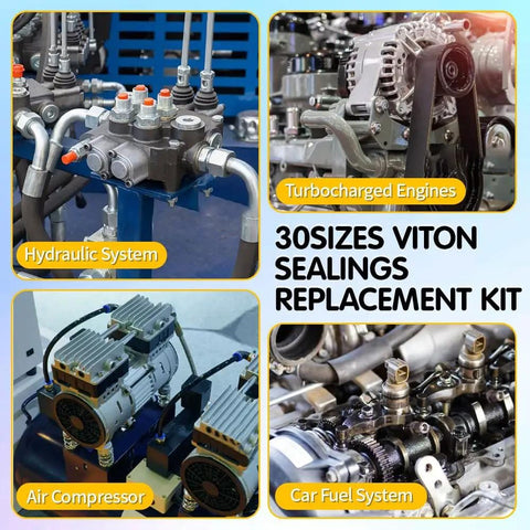 Hydraulic, turbocharged engines, air compressor, and car fuel system layout promoting Viton O Ring Kit With 396 Pieces And 30 Sizes Metric O Rings Assortment 75A Durometer FKM Sealing Kit For Hydraulic Automotive Engine And Plumbing Repair Pro Grade Heavy Duty.