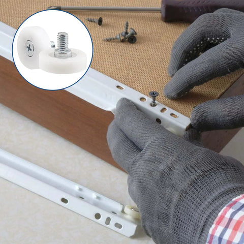 Installation of Three Quarter Inch Drawer Slide Rollers Beefy 12 Pack Replacement Wheels POM Plastic Pulleys with stainless steel rod.