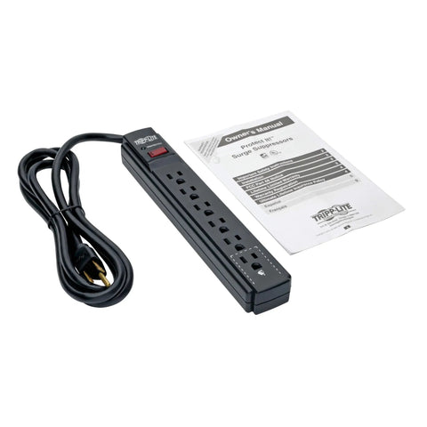 Six Outlet Surge Protector Power Strip With Six Foot Extension Cord Delivers 900 Joules Of Surge Protection, 15 Amp Circuit Breaker, UL Certified, Black