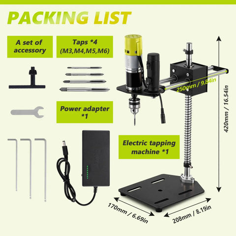 Sturdy Vertical Tapping Machine With 9.84 Inch Arm Effortlessly Drill Holes In Wood Plastic Metal Using M3 To M6 Threads For Precision Workshop Jobs And Reliable Industrial Grade Performance Every Single Time packing list showing included accessories and dimensions.