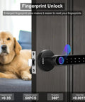Fingerprint Door Lock Set With No Key Needed Keyless Entry And Black Keypad Code Lever Handle on wooden door beside dog