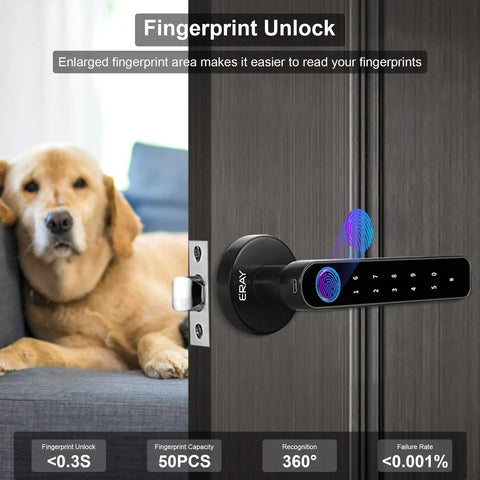 Fingerprint Door Lock Set With No Key Needed Keyless Entry And Black Keypad Code Lever Handle on wooden door beside dog